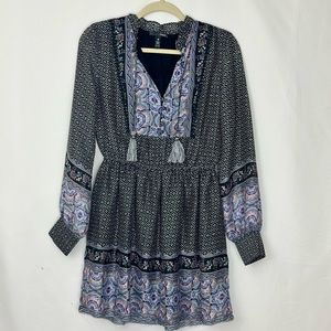 Aqua Bohemian Black Mini Dress long sleeve tassel ties size small vacation boho